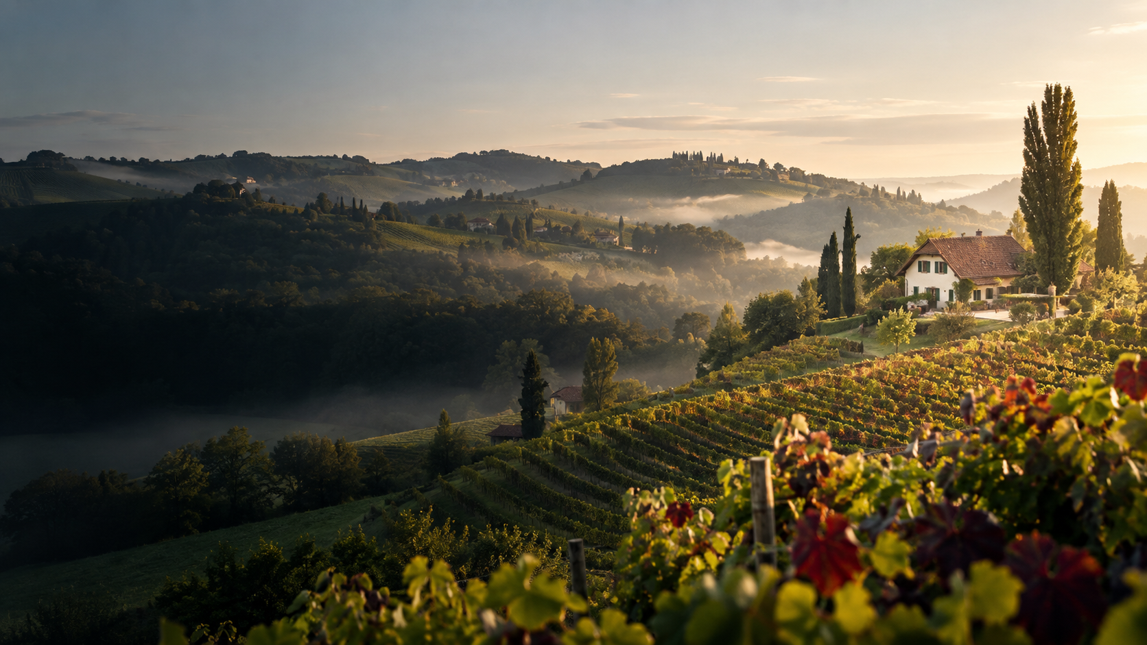 Weinberge und ein Gästehaus im warmen Morgenlicht